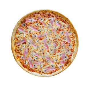 Pizza z sosem, serem, szynką, pieczarkami, oregano