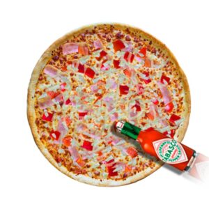Pizza z sosem, serem, szynką, papryką, cebulą, tabasco, oregano