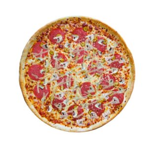 Pizza z sosem, serem, salami, papryką jalapeno, pieczarkami, czosnkiem, oregano