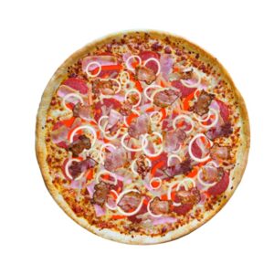 Pizza z sosem, serem, szynką, salami, pieczarkami, cebulą, oregano