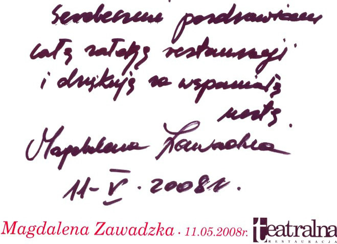 Autograf Magdaleny Zawadzkiej dla Teatralnej