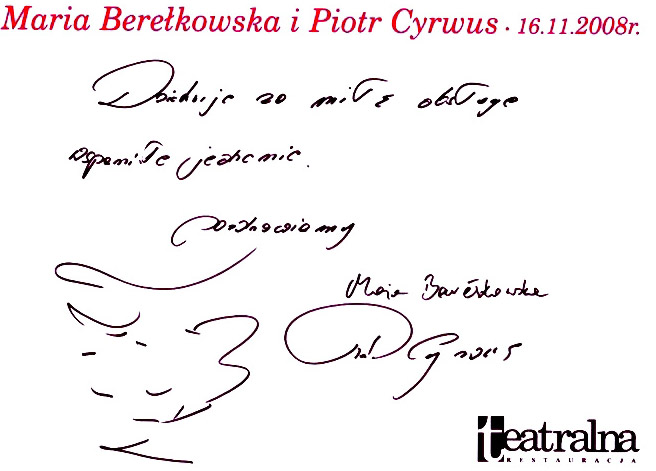Autograf Marii Berelkowskiej i Piotra Cyrwusa dla Teatralnej
