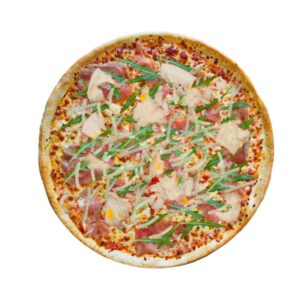 Pizza z pomidorami pelati, mozzarellą, prosciutto, rucolą, Grana Padano