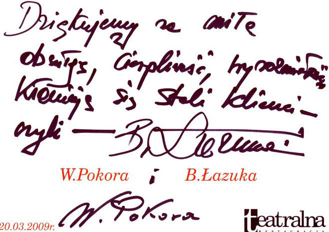 Autograf Wojciecha Pokory i Bogdana Łazuka dla Teatralnej